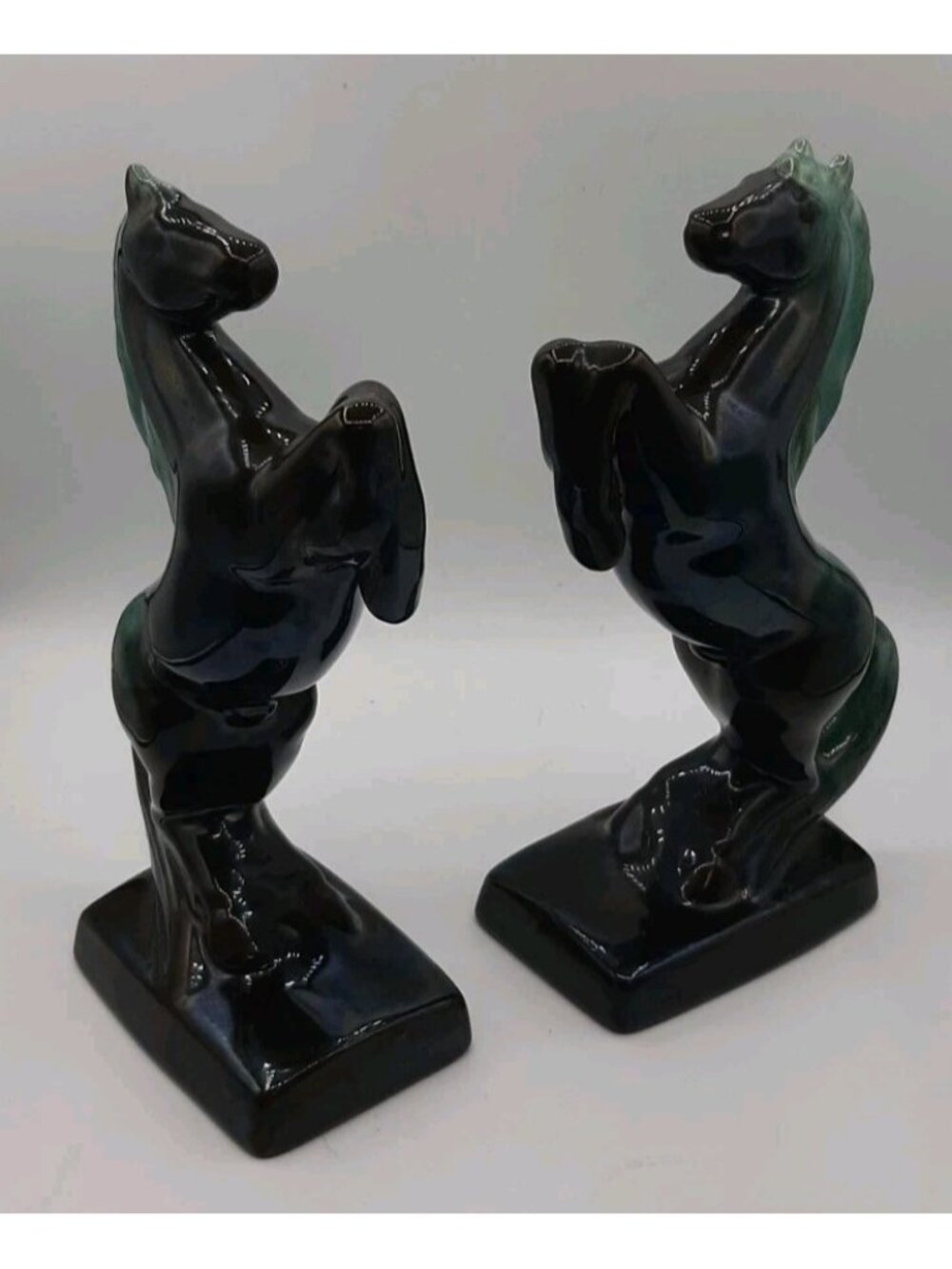 Vtg Pair Blue Mountain Pottery Rearing Stallions Horse Figurines 9 Inches Tall